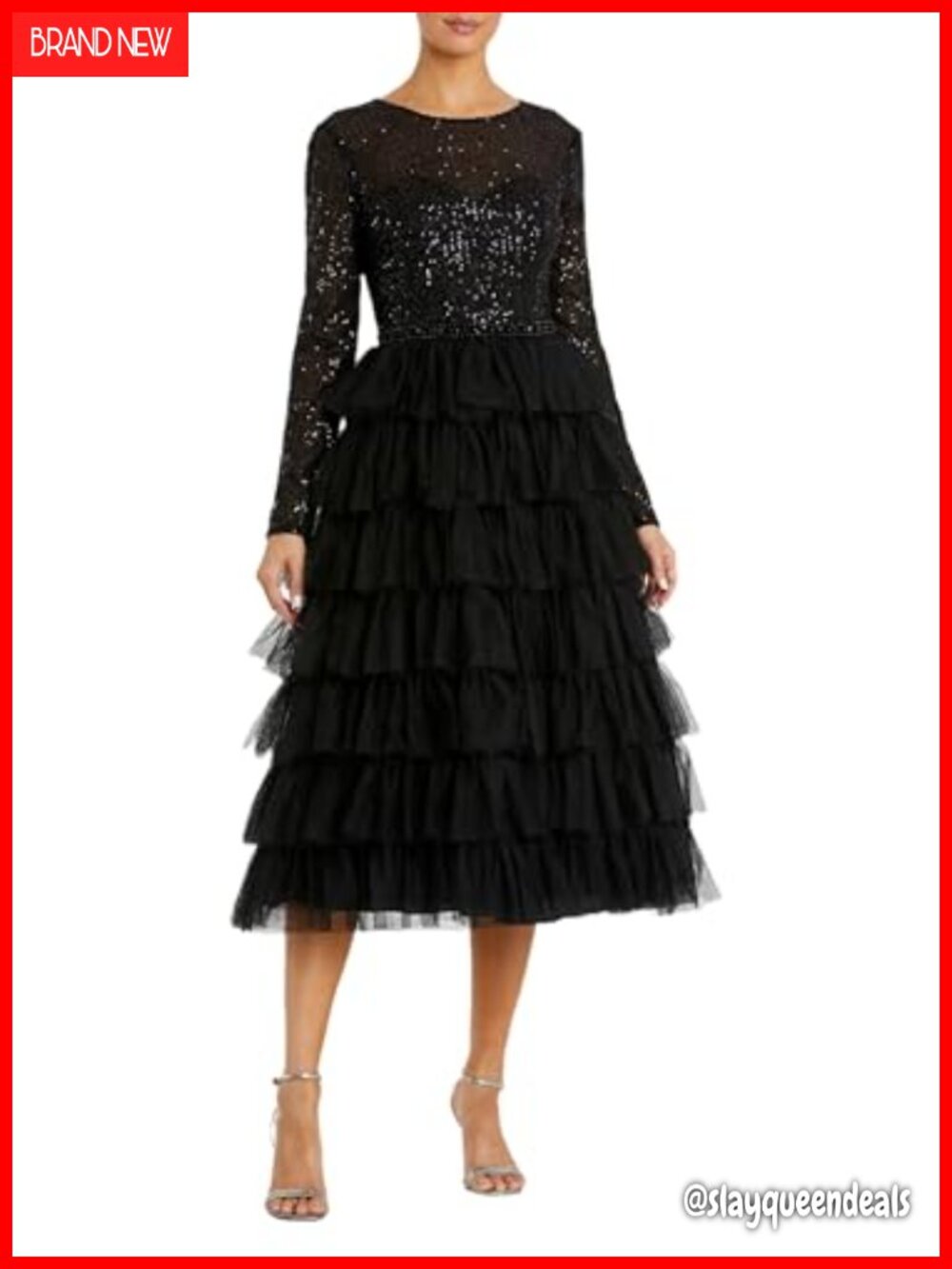 Sequined Tulle A-Line Cocktail Dress High Neck Long Sleeve Tea Length